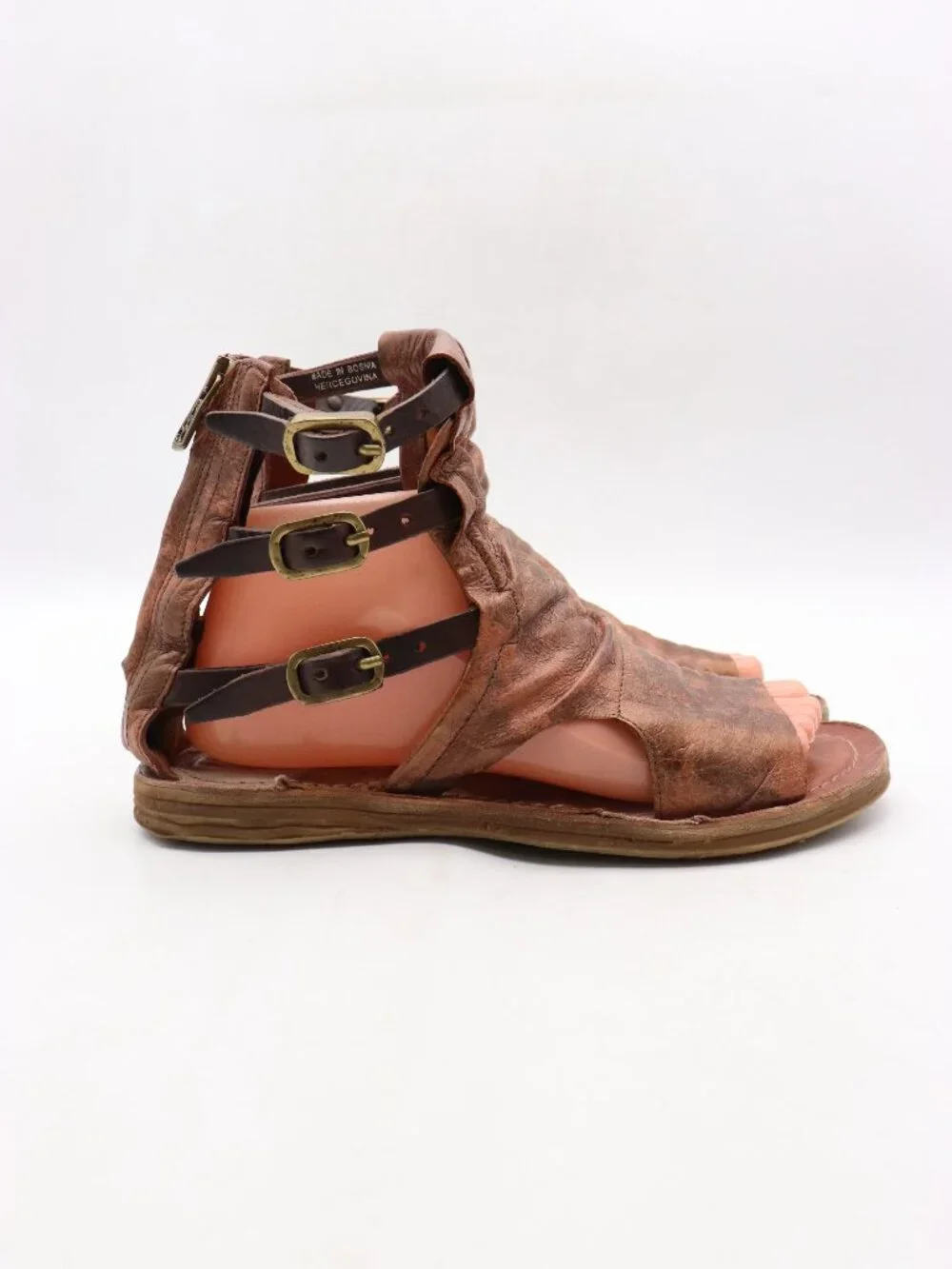 AS98 Leather Gladiator Sandals Women's EU 38 Bronze Brown Buckle Straps Zip